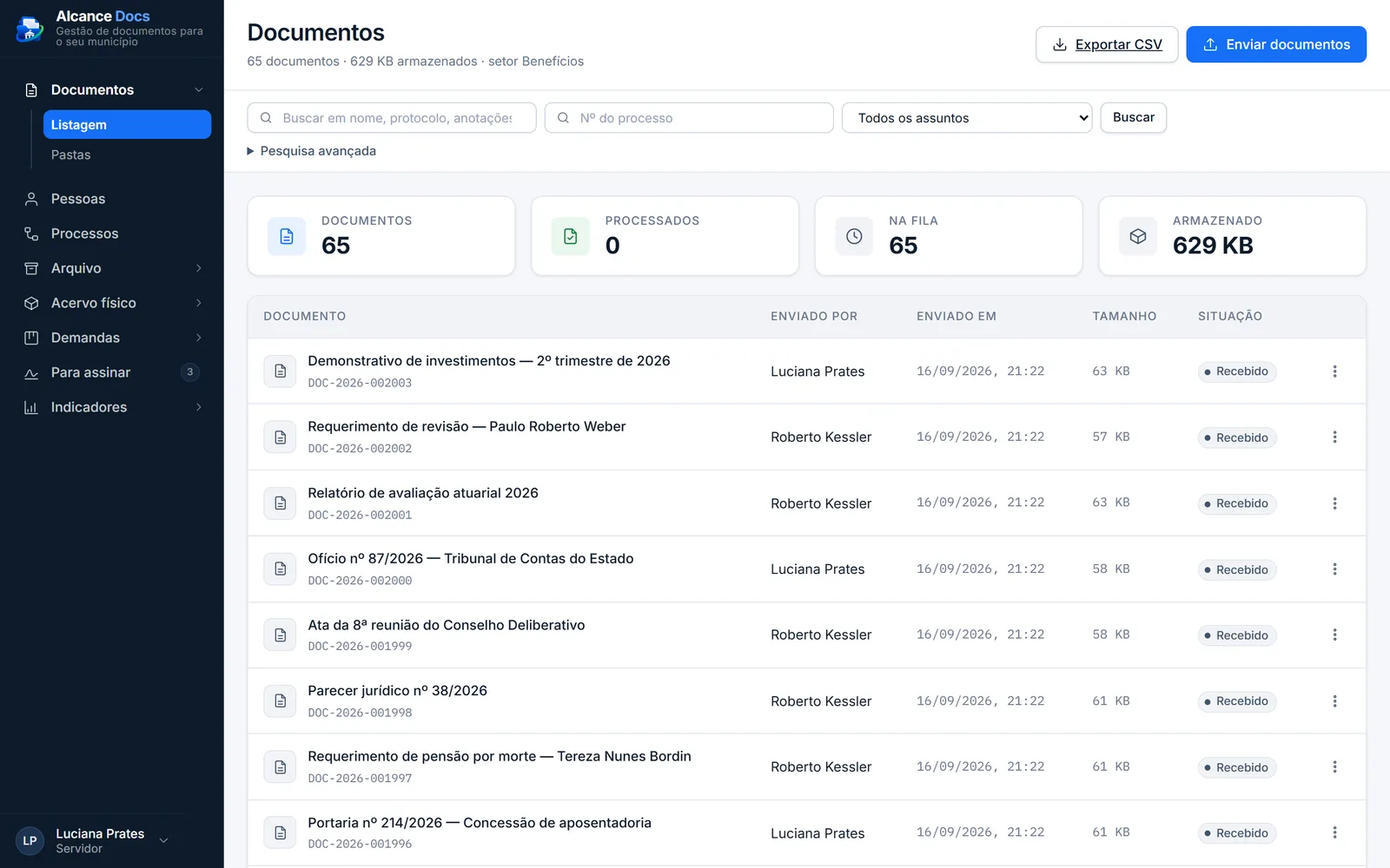 Lista de documentos do departamento, cada um com protocolo, quem enviou, data, tamanho e situação