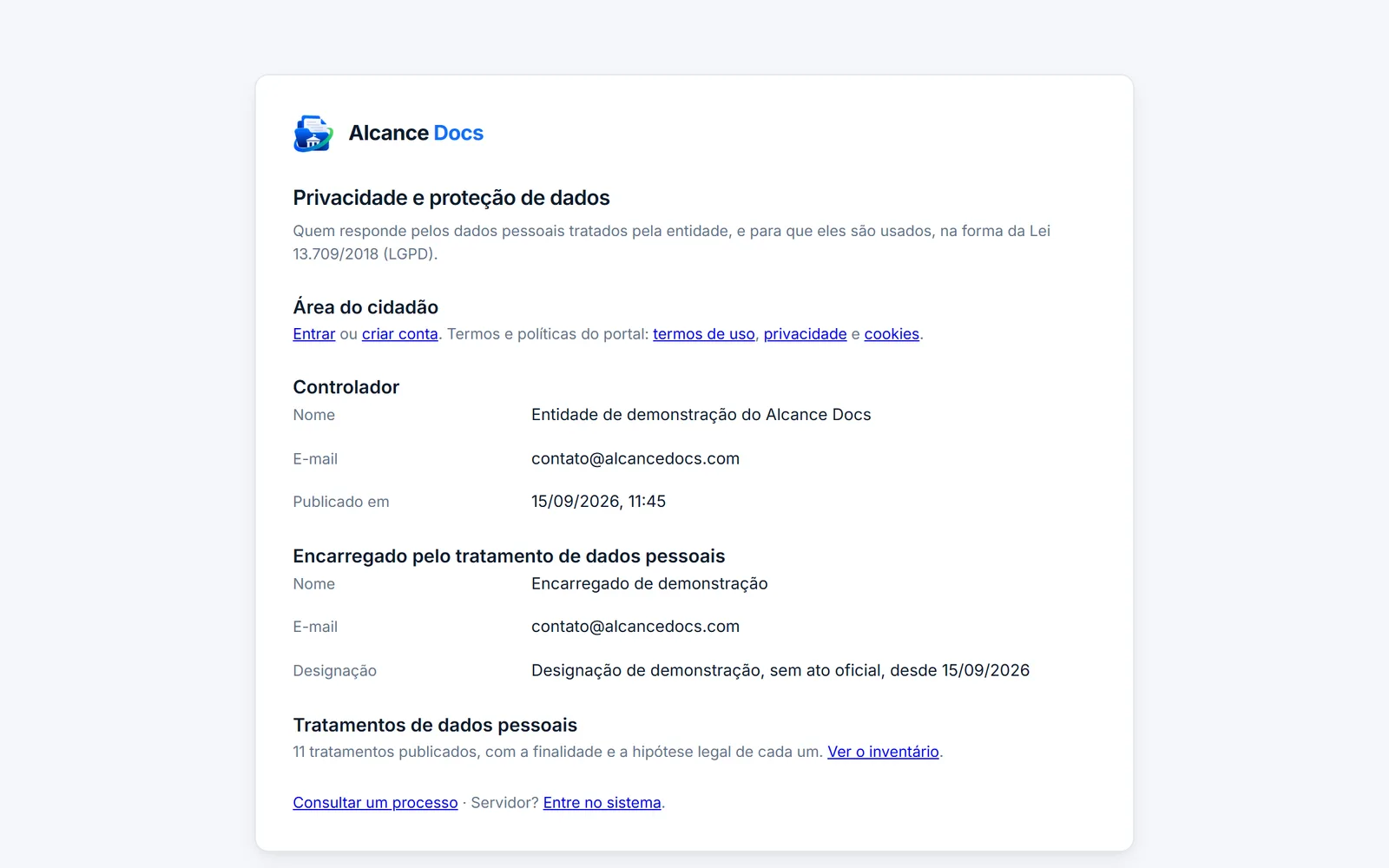 Página pública de privacidade com o controlador, o encarregado e o inventário de tratamentos de dados pessoais