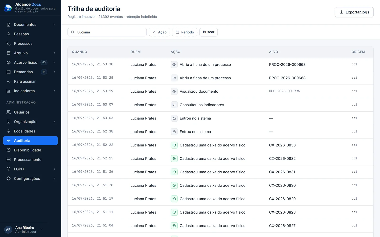 Trilha de auditoria filtrada por uma servidora, com data, ação e alvo de cada registro